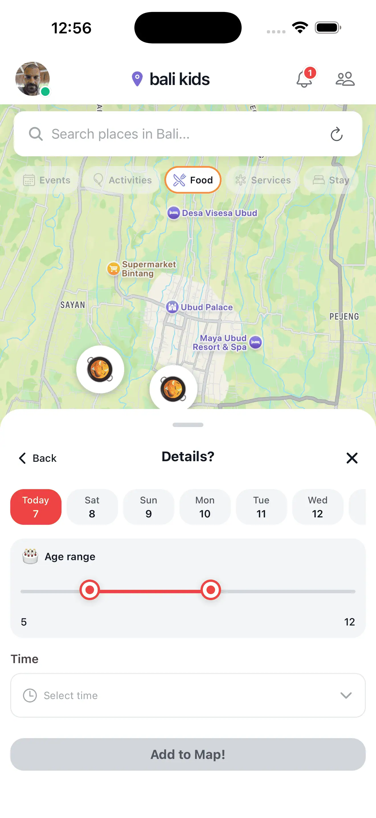 Create playdate event screen with location and time selection