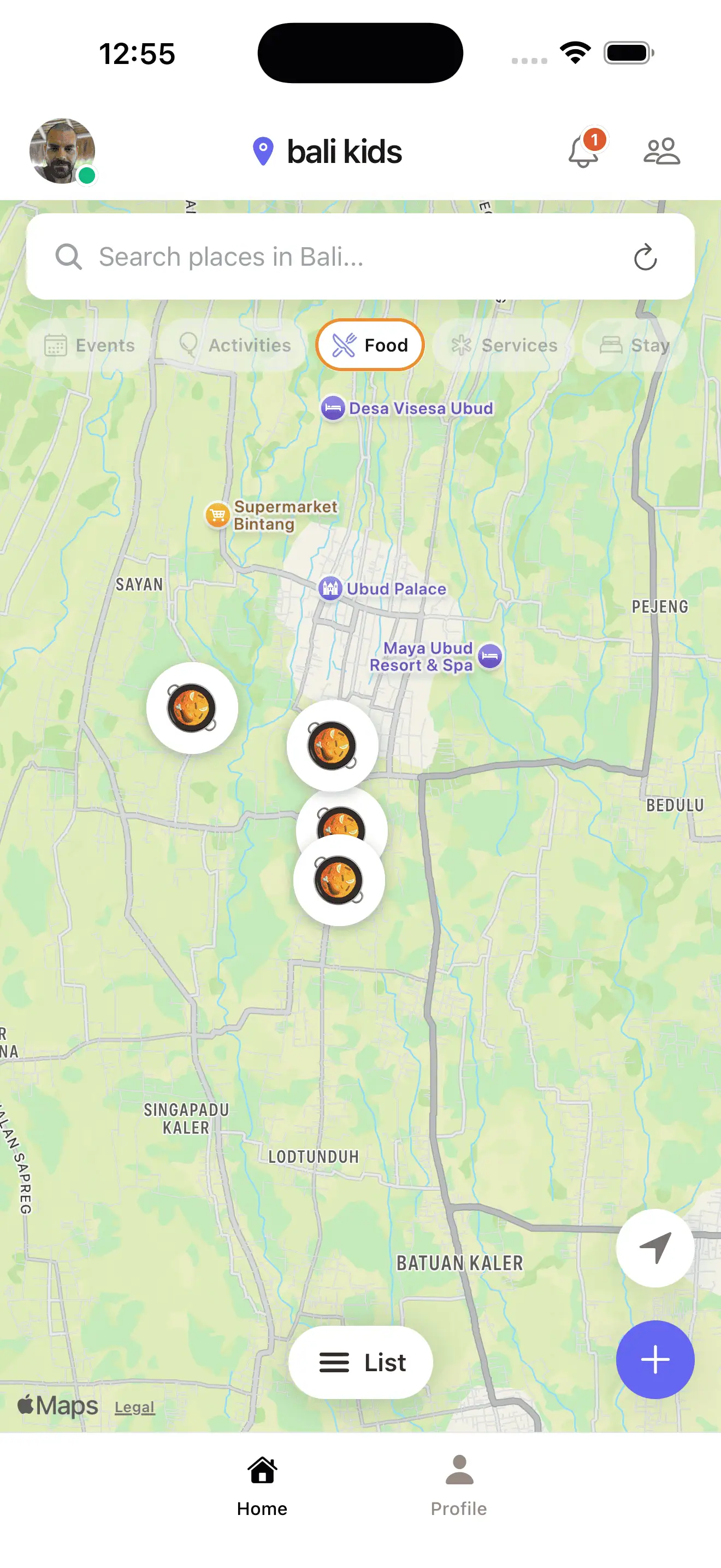 Interactive map showing kid-friendly locations with markers in Bali
