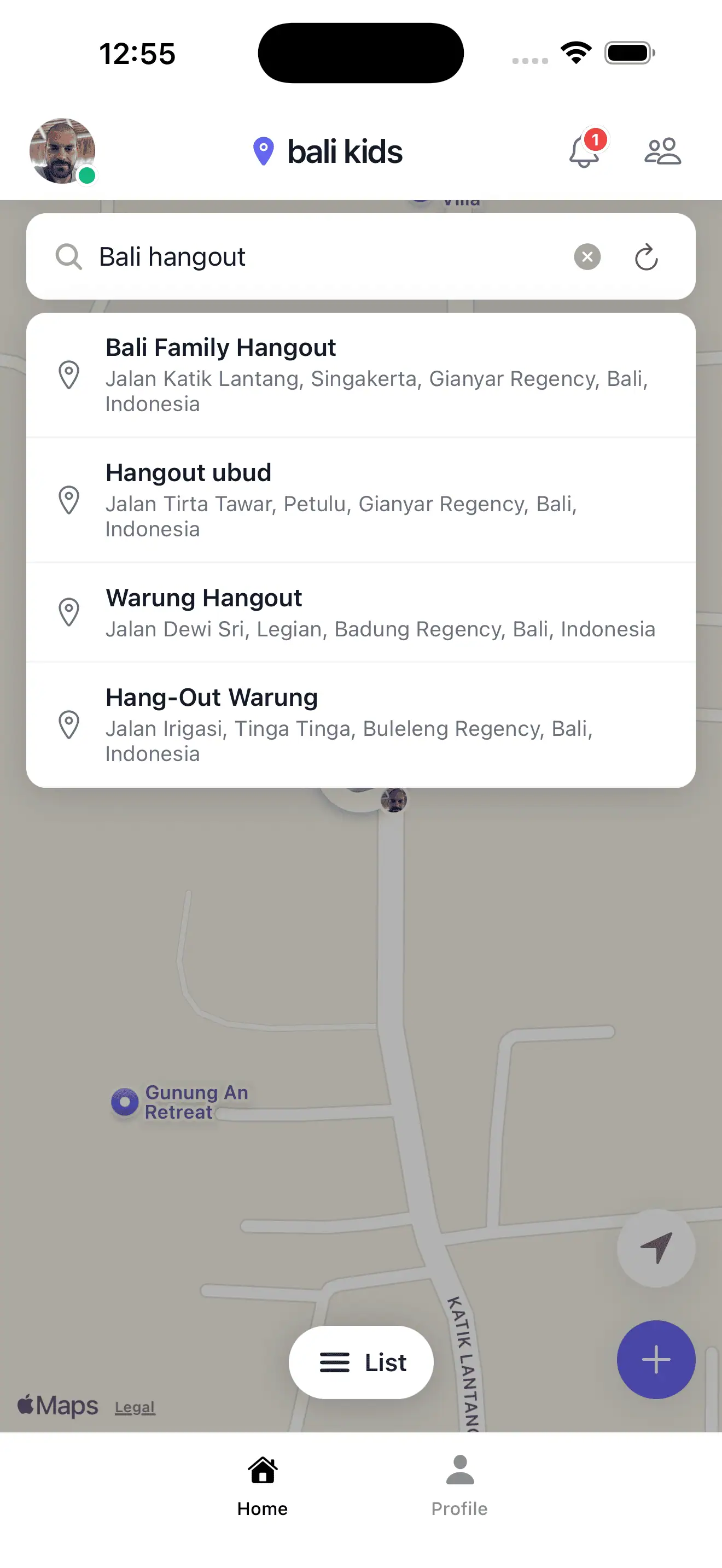Search results showing family-friendly locations vetted by parents